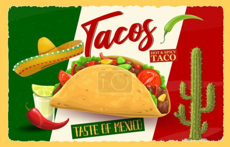 Illustration for Mexican tacos vintage banner. Vector nostalgic scratched background with tex mex meal, tequila, chili and cactus. Tasteful fusion of history and flavor inviting to savor the essence of Mexico culinary - Royalty Free Image