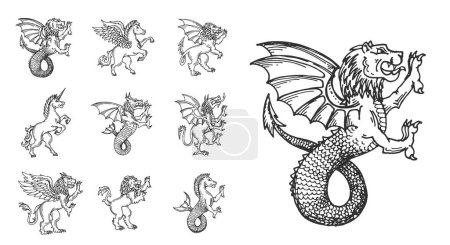 Illustration for Medieval heraldic animals sketch, lion, unicorn or pegasus, dragon and griffin, vector symbols. Heraldry sketch mythic creatures of unicorn, lion dragon and pegasus mermaid with claws and roar - Royalty Free Image