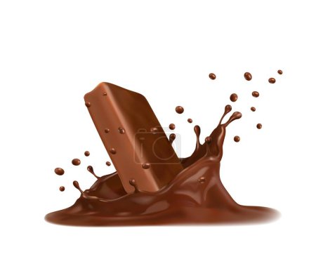 Illustration for Chocolate bar with corona splash of choco milk cream whirl with drops splatter, realistic isolated vector. Chocolate bar falling or melting in corona for choco drink, milkshake or dessert background - Royalty Free Image