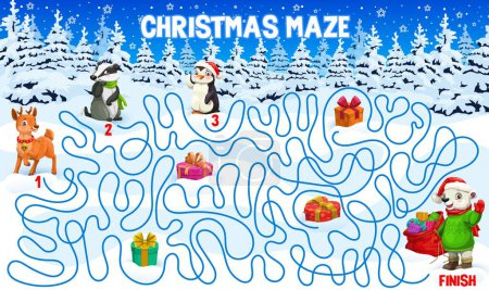 Illustration for Christmas labyrinth maze. Help to cartoon animals find a friend and gifts kids game vector worksheet. Xmas holiday labyrinth puzzle map on snow with deer, bear, penguin, badger and Christmas presents - Royalty Free Image