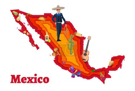 Illustration for Mexico paper cut map with mexican cowboy vector character, national cuisine food and music instruments. Cartoon guitar, maracas, pinata and charro on 3d layered papercut silhouette of Mexico map - Royalty Free Image