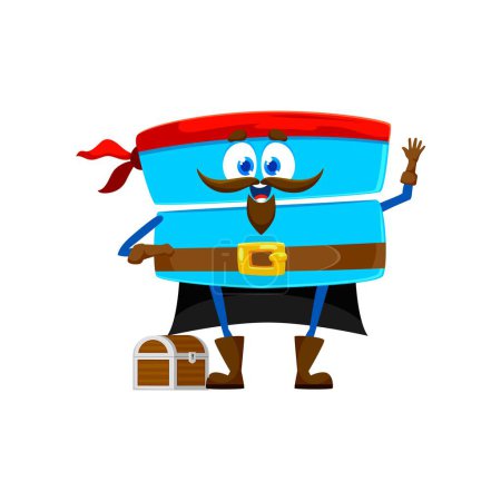 Illustration for Cartoon funny equals math sign pirate or corsair character with treasure chest, vector emoji emoticon. Math equation and equality sign character as Caribbean pirate filibuster sailor with bandana - Royalty Free Image