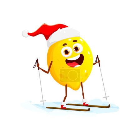 Christmas lemon fruit character skiing with Santa Claus red hat. Tropical citrus vector personage standing on snow with skis and ski poles. Happy smiling lemon skier emoji, winter outdoor activity