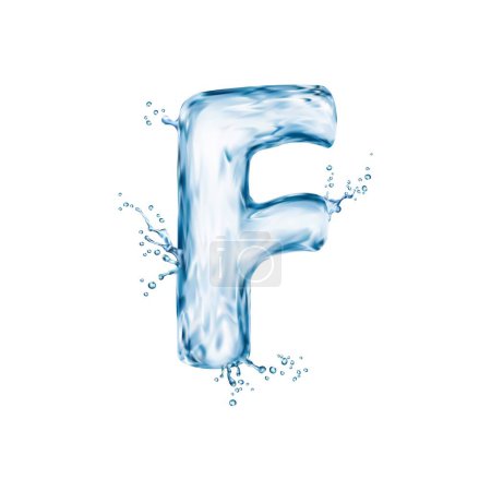 Illustration for Realistic water font letter F, flow splash type, liquid aqua typeface, transparent wet english alphabet. Isolated 3d vector abc character resembles a fluid stream with natural ripples and reflections - Royalty Free Image