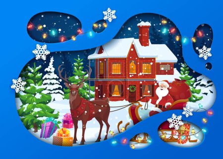 Illustration for Christmas paper cut landscape cartoon winter house, Santa on sleigh and holiday trees. Vector 3d papercut art layered frame with funny Father Noel sitting in deer sled front of cottage at xmas eve - Royalty Free Image