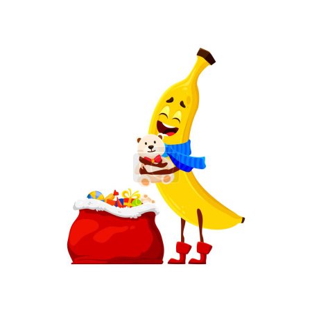 Illustration for Banana character with Christmas holiday gifts. Funny banana fruit vector personage with Santa Claus red bag, Xmas toys, cute plush bear and scarf. Winter holidays tropical fruit food cartoon emoji - Royalty Free Image