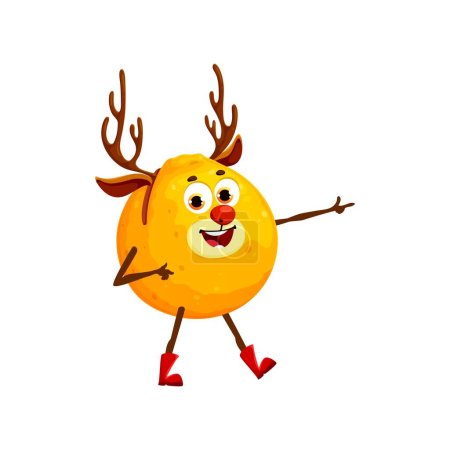 Christmas holiday orange fruit character in Xmas deer antlers headband. Vector food personage of cartoon cute citrus fruit dancing and pointing with cheerful smiling face, reindeer horns and ears