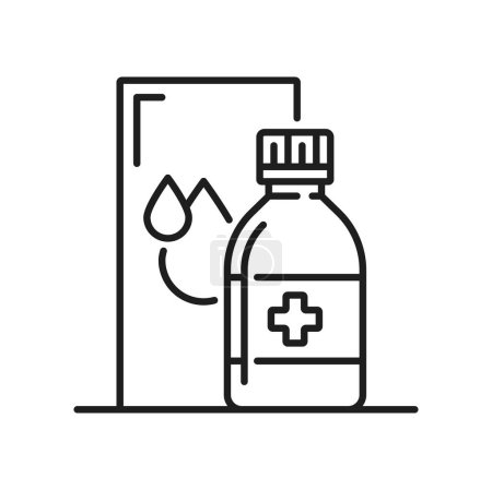Téléchargez les illustrations : Icône de bouteille de traitement de la capsule de rougeole, médicament isolé contre la varicelle, ligne mince. Vecteur varicelle médicament de l'éruption cutanée, petites ampoules, démangeaisons - en licence libre de droit