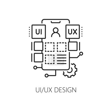 Illustration for UI and UX design, web app develop and optimization icon for software programming, line vector. Mobile application user interface development and web app creation tools for digital engineering icon - Royalty Free Image