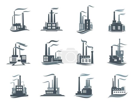 Illustration for Factory, industrial plant icons of manufacture with chimney smoke, vector symbols. Gas and oil or metallurgy industry factory and power plant icons of pipeline refinery or coal mining and production - Royalty Free Image
