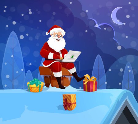 Illustration for Cartoon Santa character with laptop on roof pipe chimney with gifts for Christmas holiday, vector background. Christmas winter holiday party or greeting card with Santa read New Year wishes on laptop - Royalty Free Image