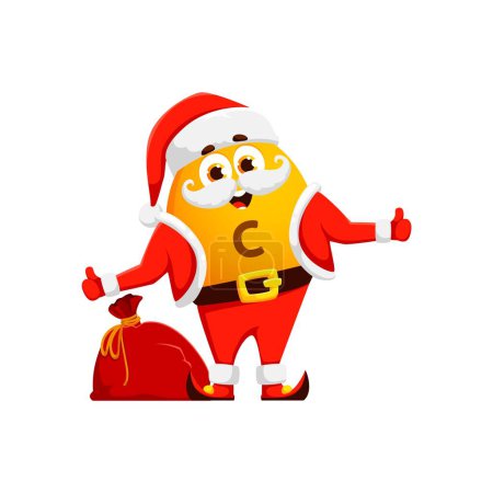 Illustration for Christmas cartoon vitamin C Santa with gifts bag for winter holiday, vector micronutrient character. Christmas funny character of vitamin C emoji emoticon in Santa costume with New Year presents sack - Royalty Free Image