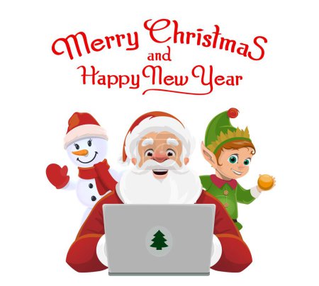 Illustration for Cartoon Christmas Santa with laptop, funny snowman and elf, vector holiday characters. Merry Christmas and Happy New Year greeting background with Santa and winter holiday characters for celebration - Royalty Free Image