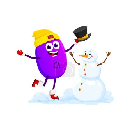 Illustration for Cartoon Chlorine mineral character with snowman on Christmas winter holiday, vector micronutrient. Funny Chlorine or Cl mineral pill in playing with snowman for New Year or Christmas greetings - Royalty Free Image