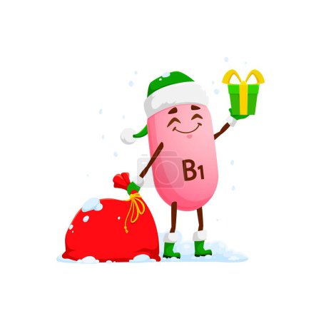Illustration for Christmas vitamin B1 in Santa hat with gifts in bag, vector cartoon character for winter holiday. Funny happy vitamin B1 or micronutrient pill holding Christmas giftbox with ribbon for New Year - Royalty Free Image