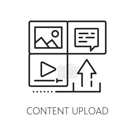 Illustration for Content upload. CMS. Content management system icon, Internet or web blog photo outline pictogram, video upload, website files automation technology linear vector symbol or monochrome thin line sign - Royalty Free Image