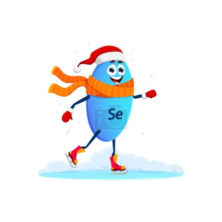 Illustration for Cartoon Selenium mineral micronutrient on ice skates for Christmas winter holiday, vector character. Funny Selenium mineral pill skating on ice rink in Santa hat and scarf for healthy winter holiday - Royalty Free Image