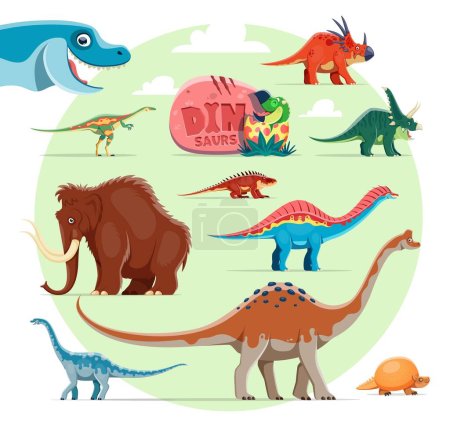 Illustration for Childish dinosaurs cartoon personages. Jurassic era Styracosaurus, Chasmosaurus and Elaphrosaurus, Shansisuchus, Amargasaurus, Pelorosaurus and Glyptodon, Euhelopus, Mammoth vector comical personages - Royalty Free Image