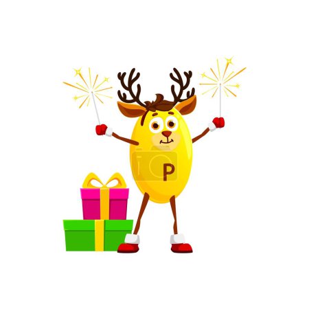 Illustration for Cartoon Phosphorus mineral in Christmas reindeer hat with gifts and sparklers. vector character. Winter holiday, happy Phosphorus mineral or funny F micronutrient pill with reindeer antlers hat - Royalty Free Image