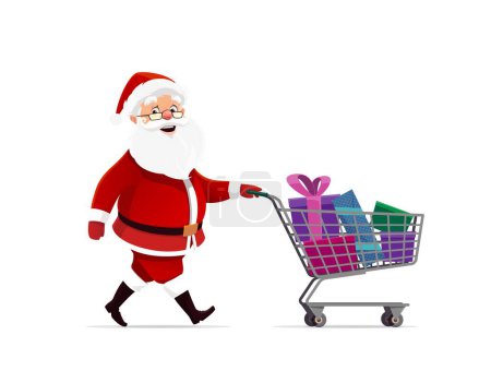 Illustration for Cartoon christmas santa claus shopping with trolley. Isolated vector cheerful father Noel navigates store with cart, laden with festive gifts, spreading holiday joy in the spirit of Xmas sale delight - Royalty Free Image