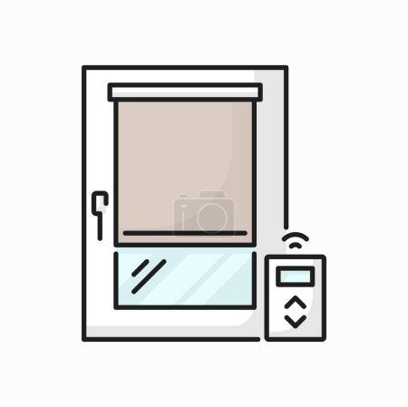 Illustration for Roller blind, automatic window curtain interior design element outline icon. Vector vertical jalousie on remote control, automated window shutter - Royalty Free Image