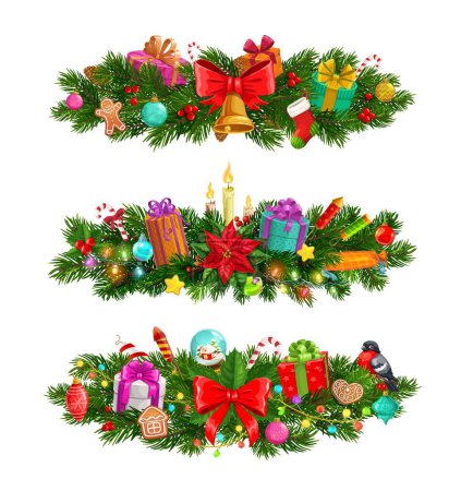 Ilustración de Ramas de abeto de Navidad decoradas con velas de Navidad, adornos, cintas, poinsettia, juguetes, dulces y regalos. Agujas de pino de hoja perenne vectorial aisladas dispuestas en pila. Ramas festivas decorativas - Imagen libre de derechos