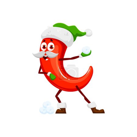 Ilustración de Chile de Navidad en Santa o sombrero de elfo, verduras de dibujos animados de vacaciones de invierno, personaje de vectores. Divertido pimiento rojo jugando bolas de nieve en el sombrero de Santa y mitones para Año Nuevo y vacaciones de Navidad emoji - Imagen libre de derechos