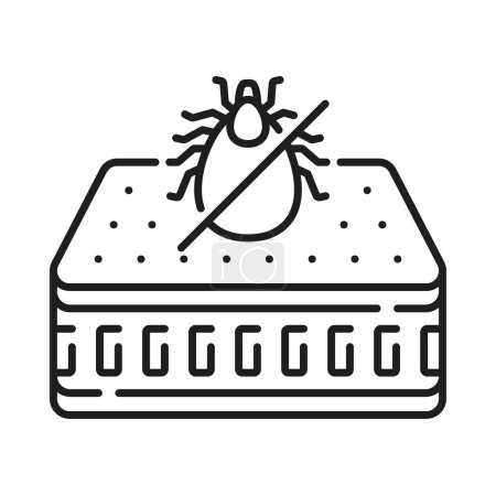Illustration for Bed orthopedic memory mattress with parasite allergy pest disinfection, crossed mite isolated outline icon. Vector mattress with mite bug - Royalty Free Image