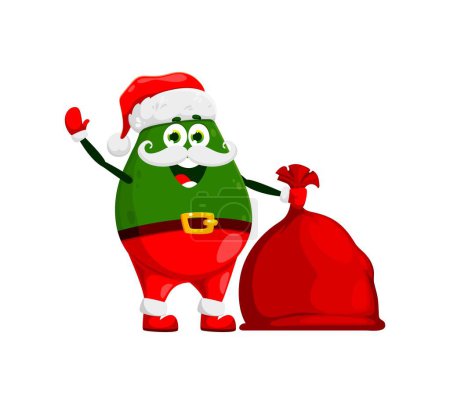 Illustration for Christmas avocado in Santa hat with gifts bag for winter holiday vector cartoon character. Funny avocado vegetable Santa with beard and New Year sack of gift boxes and for Christmas greeting or emoji - Royalty Free Image
