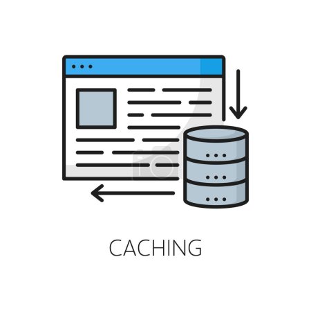 Illustration for Caching. CDN. Content delivery network icon, website technology thin line sign, blog portal content delivery, upload and update service, CDN outline vector symbol or pictogram with webpage - Royalty Free Image