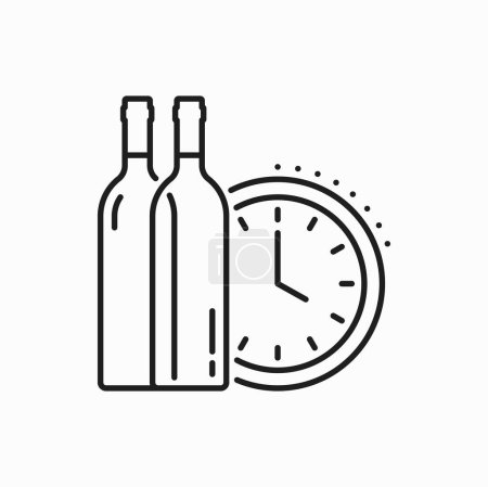 Téléchargez les illustrations : Temps de se détendre et boire du vin, horloge et icône de contour de bouteille. Fête de l'alcool vectoriel, temps de boire une boisson alcoolisée, vin spiritueux doux - en licence libre de droit