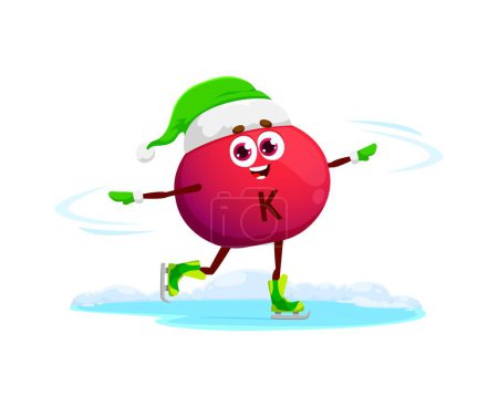 Illustration for Cartoon vitamin K character on ice skates on rink for Christmas winter holiday, vector micronutrient. Christmas or New Year funny character of vitamin K emoji emoticon skating on ice rink in Satna hat - Royalty Free Image