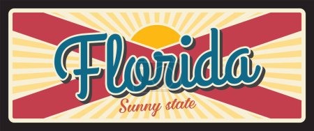 Illustration for Florida state metal vintage travel plate. USA old, sign, signboard retro typography, inscription of Sunny Florida and sunrise or sunset. Tallahassee capital, Jacksonville city - Royalty Free Image