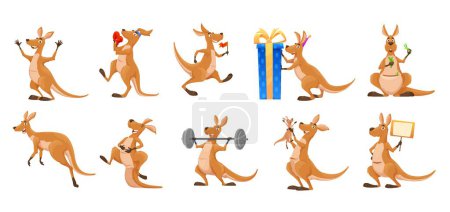 Ilustración de Personaje canguro de dibujos animados, lindo animal joey o wallaby australiano, madre feliz vector con bebé en bolsa. Canguro cómico divertido de dibujos animados con regalo de cumpleaños, saltando con corazón de amor o en el gimnasio deportivo - Imagen libre de derechos