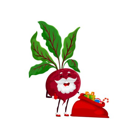 Illustration for Cartoon Christmas beet Santa with gifts bag, winter holiday vector vegetable character. Funny beetroot or radish Santa with beard and New Year sack of gift boxes and candy canes for Christmas - Royalty Free Image