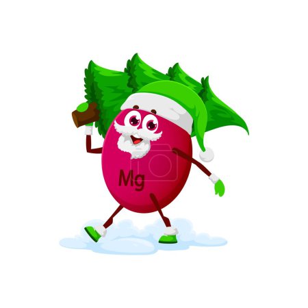 Illustration for Cartoon Magnesium mineral pill carrying Christmas tree, vector cartoon character. Winter holiday funny micronutrient Magnesium in winter hat carry Christmas tree from forest for New Year celebration - Royalty Free Image