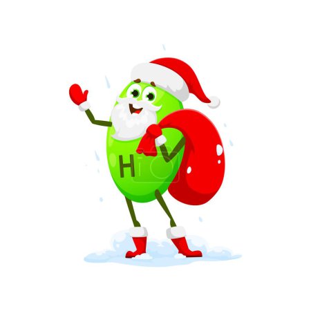 Téléchargez les illustrations : Caricature de Noël personnage de vitamine H comme Père Noël avec sac cadeau pour les vacances d'hiver, micronutriments vectoriels. Noël personnage drôle de vitamine H emoji emoticon dans le chapeau de Père Noël avec le sac de cadeaux de Nouvel An - en licence libre de droit