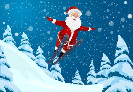 Illustration for Christmas Santa jumps from springboard with ski flying over winter forest in snow, holiday cartoon vector background. Christmas and New Year winter holiday greeting card with Santa skiing and jumping - Royalty Free Image