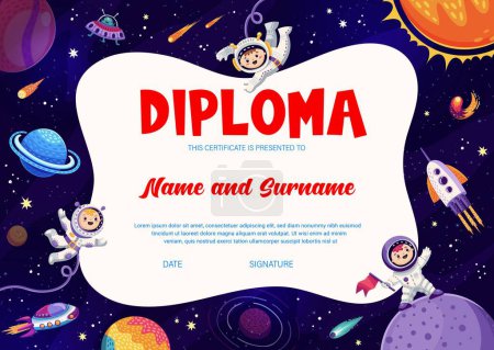Illustration for Kids astronaut diploma. Cartoon galaxy space, planets and stars, starship and astronauts in outer space. Vector education frame or graduate certificate with baby cosmonauts, spacecrafts and spaceships - Royalty Free Image