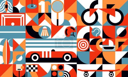 Téléchargez les illustrations : Bauhaus géométrique fond de modèle de sport d'été avec des voitures rétro, vecteur abstrait. Modèle Bauhaus minimal avec des formes vintage et des formes géométriques d'articles de sport d'été, vélo et planche à roulettes - en licence libre de droit