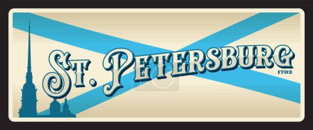 Illustration for Saint Petersburg city in Russia, town in Russian federation. Vector travel plate or sticker, vintage tin sign, retro vacation postcard or journey signboard, luggage tag. Plaque with landmark - Royalty Free Image