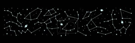 Téléchargez les illustrations : Constellation d'étoiles spatiales. Galaxie nuit ciel carte frontière, mystique astrologie frontière. Imprimé constellation d'étoiles de la Voie lactée, étoiles de la galaxie panorama céleste ou zodiaque ésotérique carte du ciel nocturne frontière vectorielle - en licence libre de droit