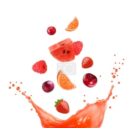 Illustration for Red fruits juice mix splash of orange, strawberry, raspberry and cherry, watermelon and grapefruit, realistic vector. Fruits and berries falling in citrus juice drink with corona splash for beverage - Royalty Free Image