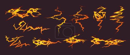 Ilustración de Dibujos animados volcán lava o magma fuego con grietas en el suelo, vector juego efecto fondo. Fuego llameante rojo amarillo volcán magma quemadura o agujero de erupción volcánica con grietas en el suelo de rocas de piedra fundida - Imagen libre de derechos