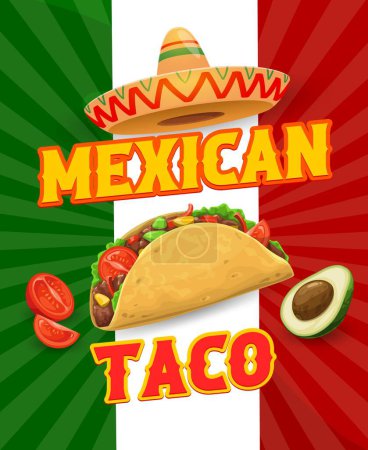 Illustration for Mexican tacos banner. Vector background with tex mex meal, avocado and sombrero hat on national flag. Savor the flavor, indulge mouthwatering fiesta with delectable snack of Mexico cuisine - Royalty Free Image
