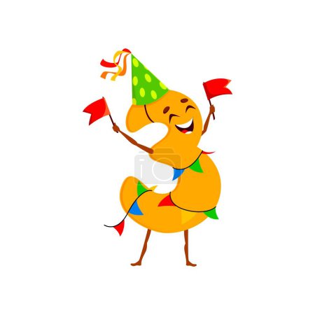 Illustration for Cartoon funny math number three character celebrate party with expressive eyes and charming smile. Isolated vector orange colored digit 3 personage wear festive hat, wrapped in garland, holding flags - Royalty Free Image