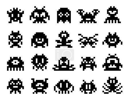 Ilustración de Arcade juego de píxeles monstruos personajes. 8 bit píxeles retro activo juego de arte. alien juego de PC, 8 bits arcade píxel cuadrado criatura o retro juego robot electrónico vector icono, viejo juego de videojuegos monstruos cúbicos conjunto - Imagen libre de derechos