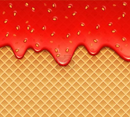 Illustration for Realistic melt strawberry jam on wafer background of berry syrup splash, vector texture. Strawberry melt or red jelly sweet sauce flow on waffle pattern, candy and wafer dessert with berry jam flowing - Royalty Free Image