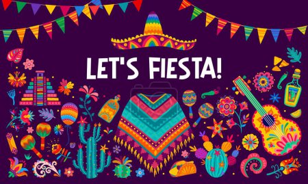 Mexikanische Fiesta Party Banner mit Sombrero, Gitarre und Poncho in tropischen Blumen Ornament, Vektorhintergrund. Mexikanisches Urlaubsfest mit bunten Mustern der aztekischen Pyramide, Tequila und Paprika