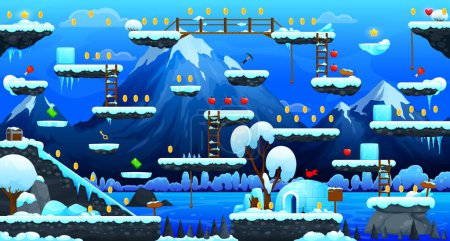 Ilustración de Arcade invierno montañas juego nivel interfaz de mapa. Plataformas de hielo y monedas de oro, escaleras y comida. Paisaje vectorial del entorno de juego móvil, paisaje arcade de juegos retro con plataformas nevadas en el Ártico - Imagen libre de derechos